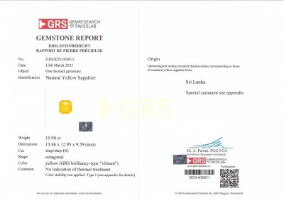 Сертификат Негретый желтый Golden сапфир в огранке радиант 15,90 карат, Шри-Ланка