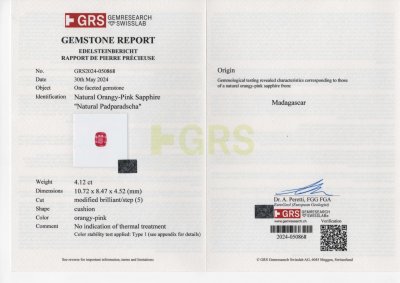 Сертификат Негретый Падпараджа сапфир в огранке кушон 4,12 карата, Мадагаскар