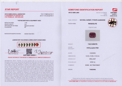 Сертификат Гранат родолит в огранке кушон 7,62 карат, Танзания