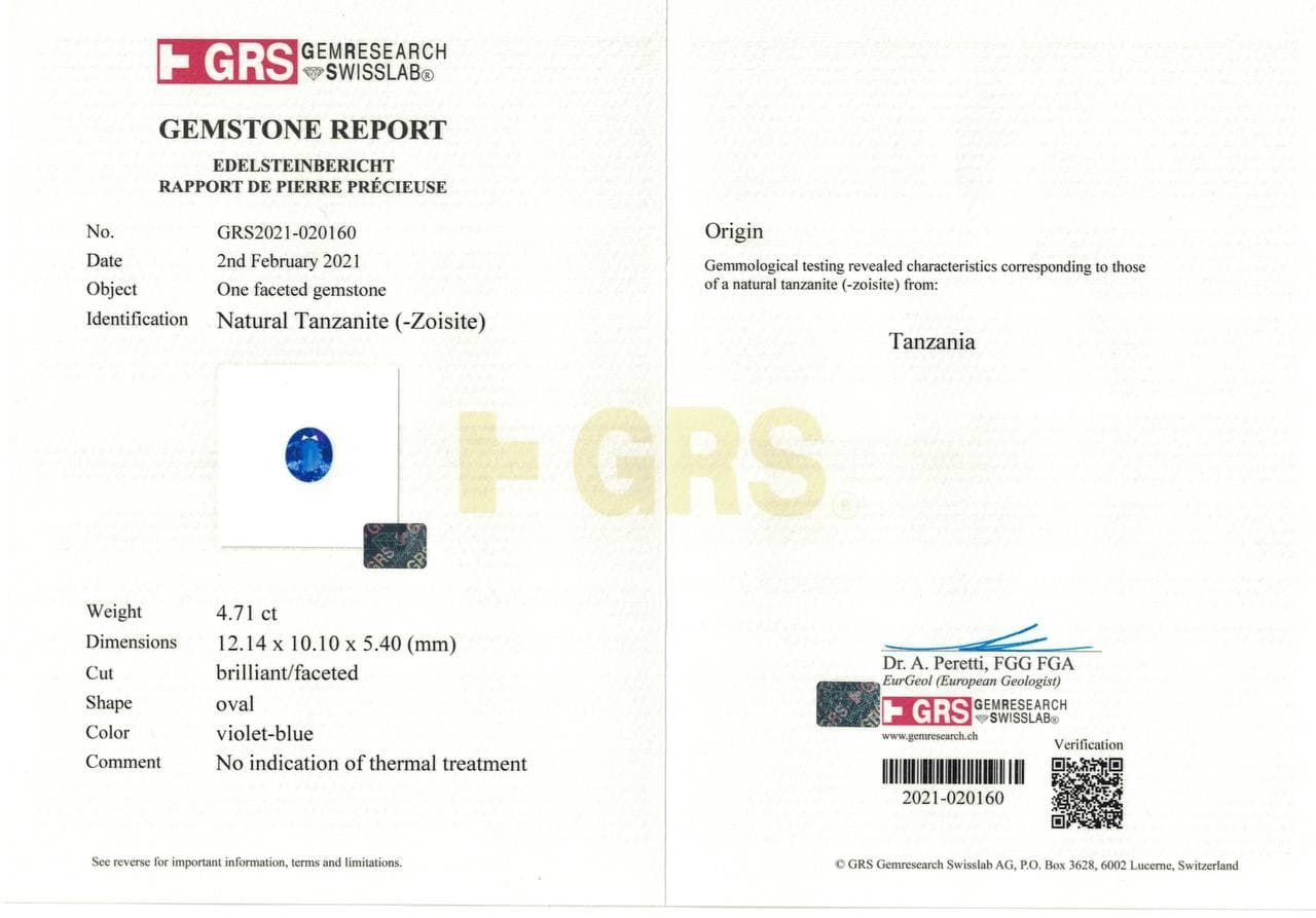 Сертификат Яркий природный танзанит в огранке овал 4,71 карат, GRS