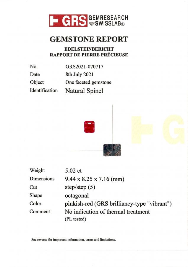 Сертификат Редкая розово-красная шпинель Махенге в огранке октагон 5,02 карат, GRS brilliancy-type "Vibrant", ICA Book