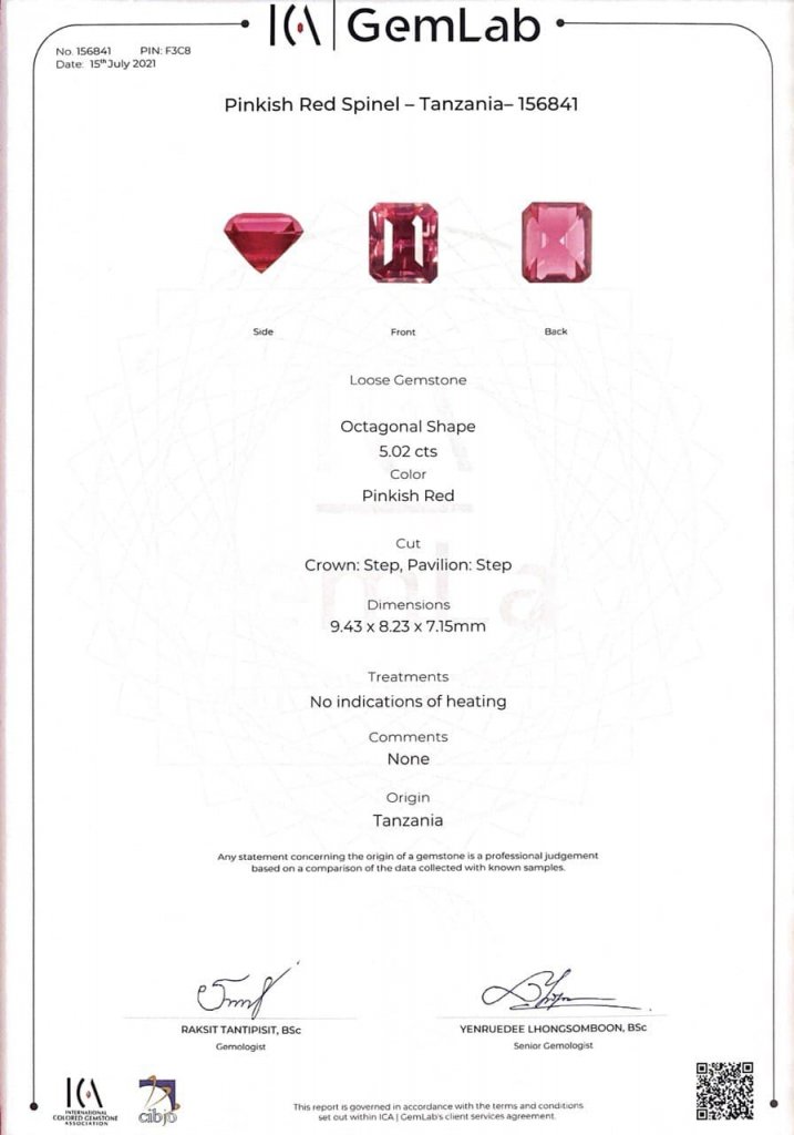 Редкая розово-красная шпинель Махенге в огранке октагон 5,02 карат, GRS brilliancy-type "Vibrant", ICA Book Изображение №8