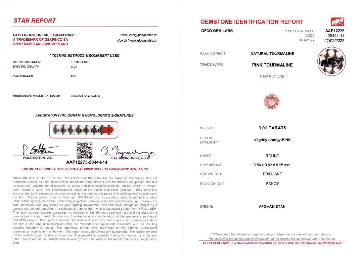 Сертификат Оранжевато-розовый турмалин из Афганистана 3,01 карата