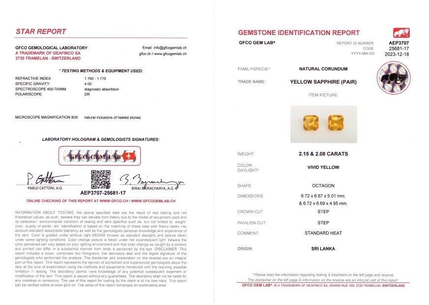 Пара ярких жёлтых сапфиров в огранке радиант 4,23 карат, Шри-Ланка Изображение №5