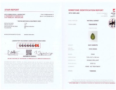 Сертификат Гранат цаворит в огранке груша 0,81 карата, Танзания 