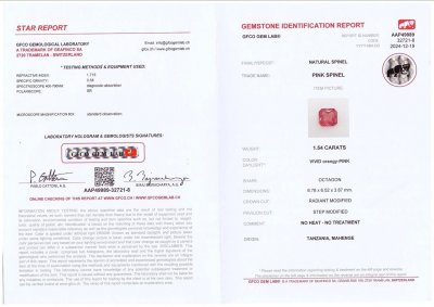 Сертификат Ярко-розовая шпинель Махенге  в огранке радиант, 1,54 карата, Танзания