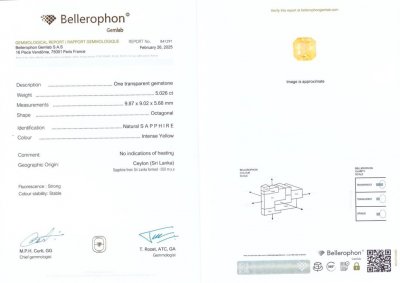 Сертификат Негретый сапфир Intense Yellow в огранке радиант 5,02 карат, Шри-Ланка