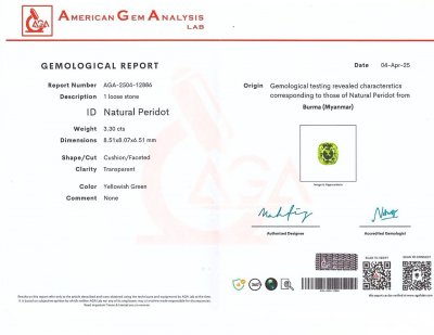 Сертификат Перидот в огранке кушон 3,30 карата, Бирма 