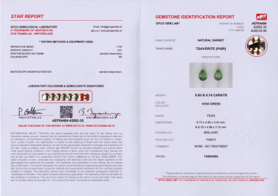 Сертификат Пара цаворитов Vivid Green в огранке груша 1,57 карат, Танзания 