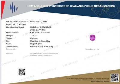 Сертификат Негретый сапфир Hot Pink в огранке кушон 2,02 карат, Шри-Ланка 