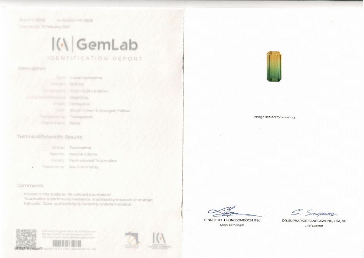 Сертификат Полихромный турмалин 19,10 карат