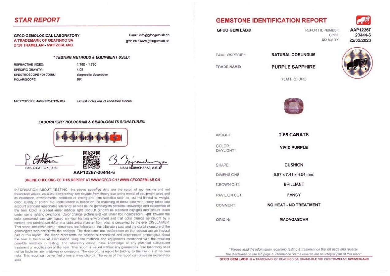 Сертификат Пурпурный необлагороженный сапфир в огранке кушон 2,65 карата, Мадагаскар