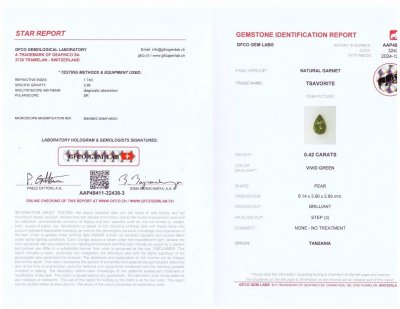 Сертификат Гранат цаворит в огранке груша 0,42 карата, Танзания