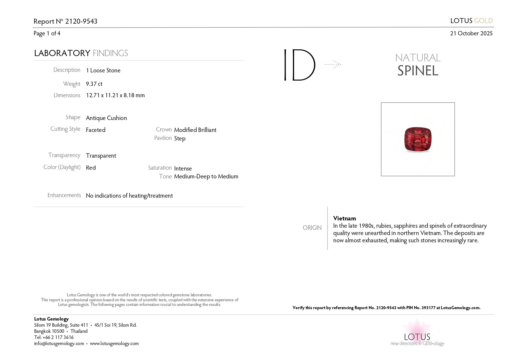 Насыщенная красная шпинель в огранке кушон 9,37 карат, Вьетнам Изображение №6