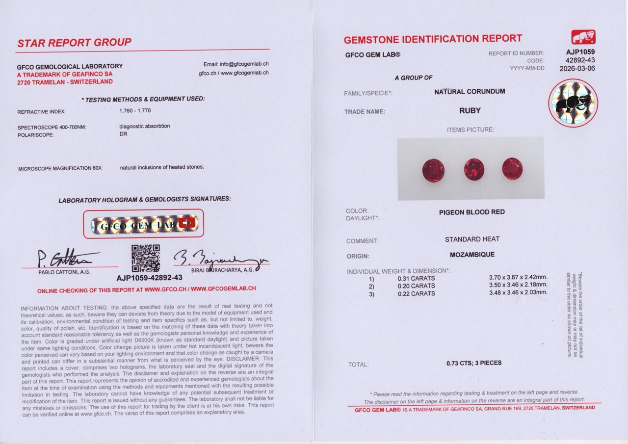 Сет рубинов Pigeon Blood Red  в огранке круг 0,73 карат, Мозамбик Изображение №4