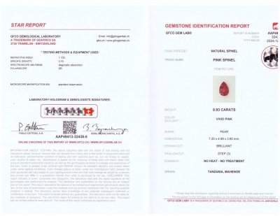 Сертификат Ярко-розовая Махенге шпинель в огранке груша 0,93 карата, Танзания