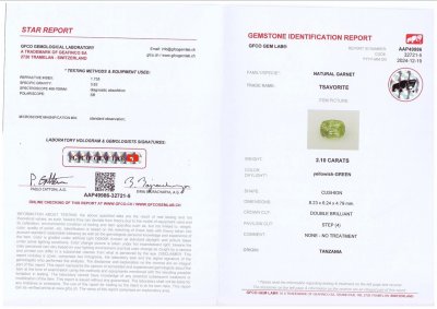 Сертификат Ярко-зеленый гранат цаворит в огранке кушон 2,10 карата, Танзания
