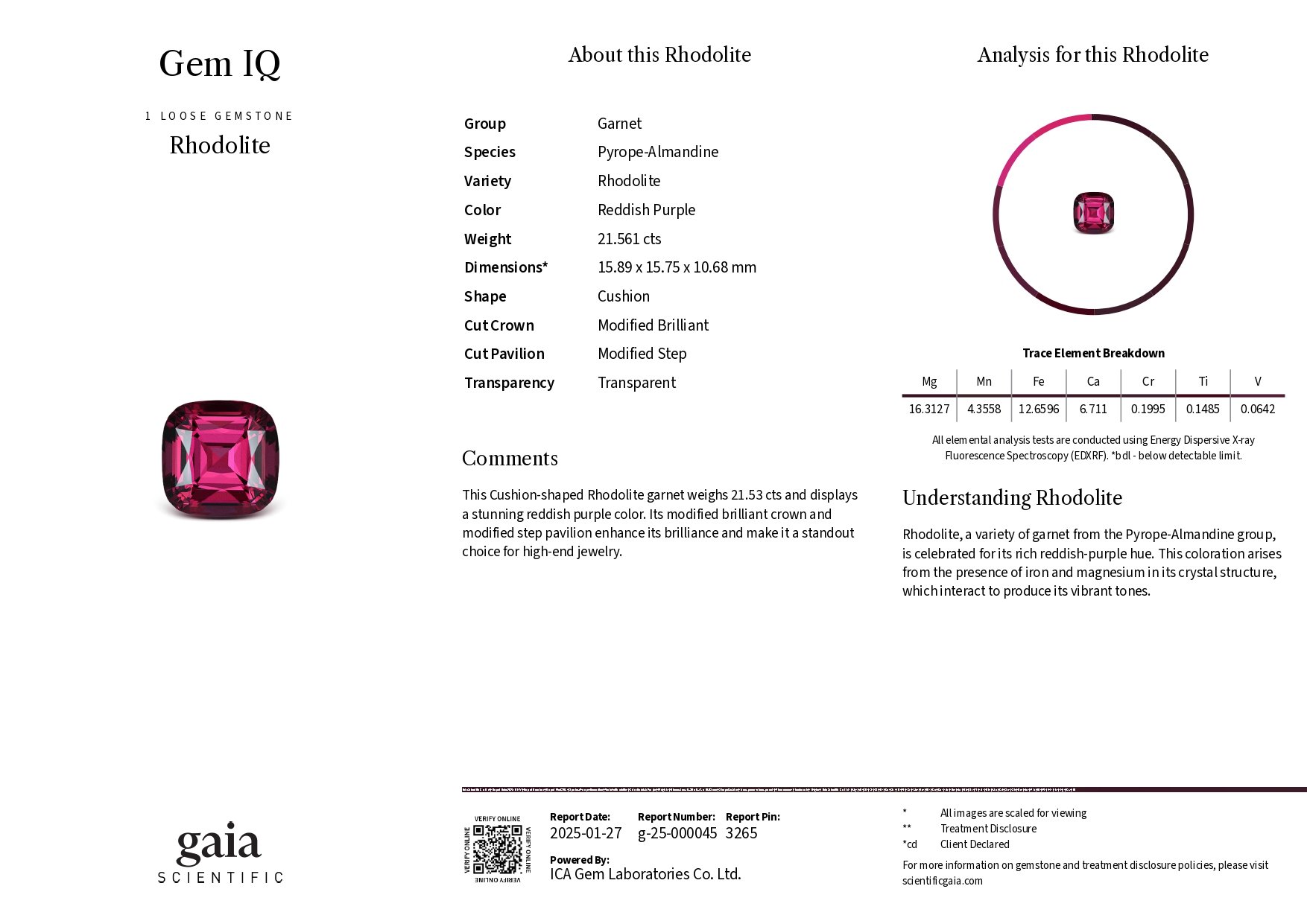 Гранат родолит в огранке кушон 21,56 карата, Танзания Изображение №5