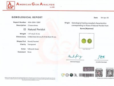 Сертификат Пара перидотов в огранке круг 4,12 карата, Бирма