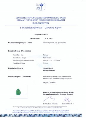 Сертификат Колумбийский изумруд 7,20 карат