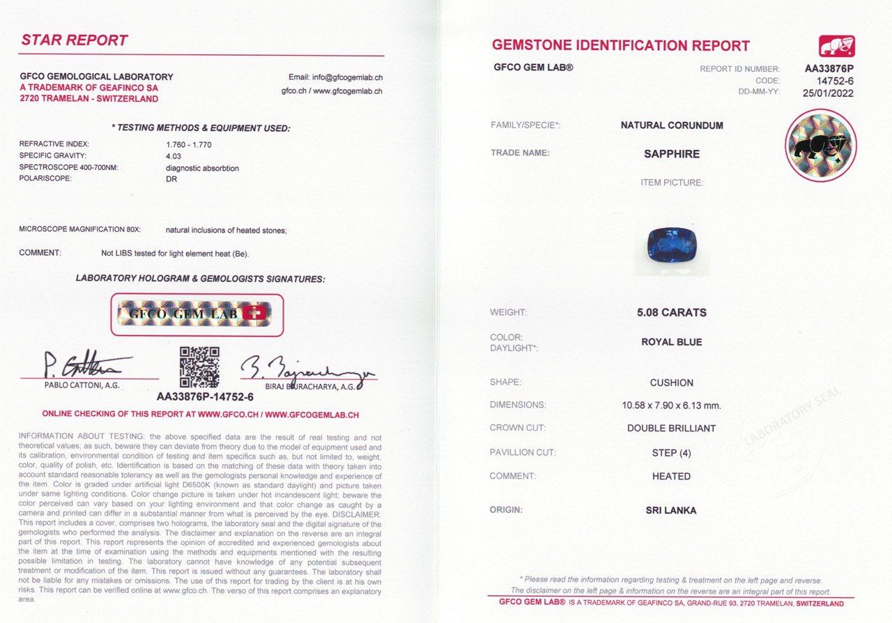 Сертификат Сапфир цвета Royal Blue в огранке кушон 5,08 карат, Шри-Ланка, GFCO