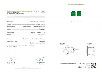 Сертификат Пара колумбийских изумрудов оттенка Muzo Green в огранке октагон 2,97 карат