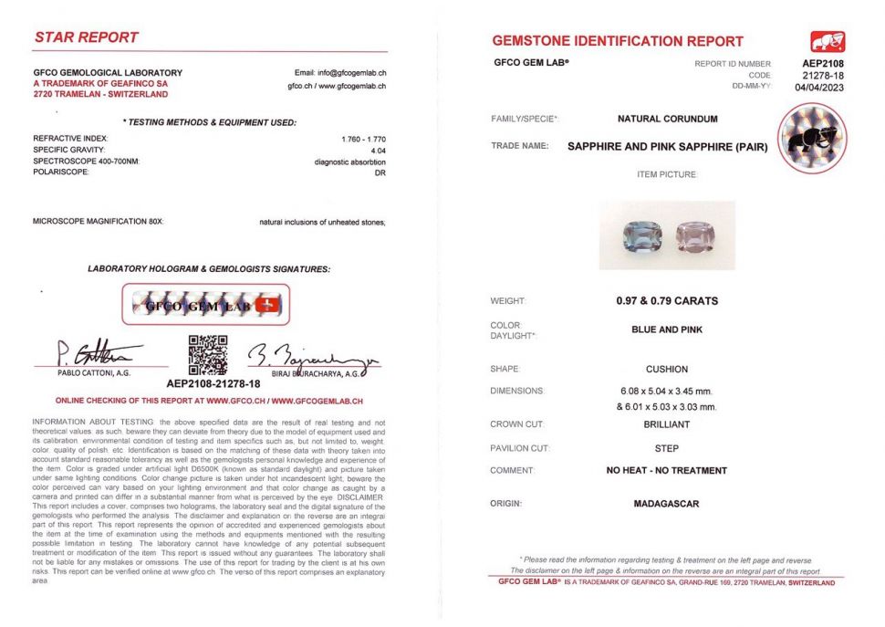 Сертификат Контрастная пара негретых лавандового и синего сапфиров 1,76 карат