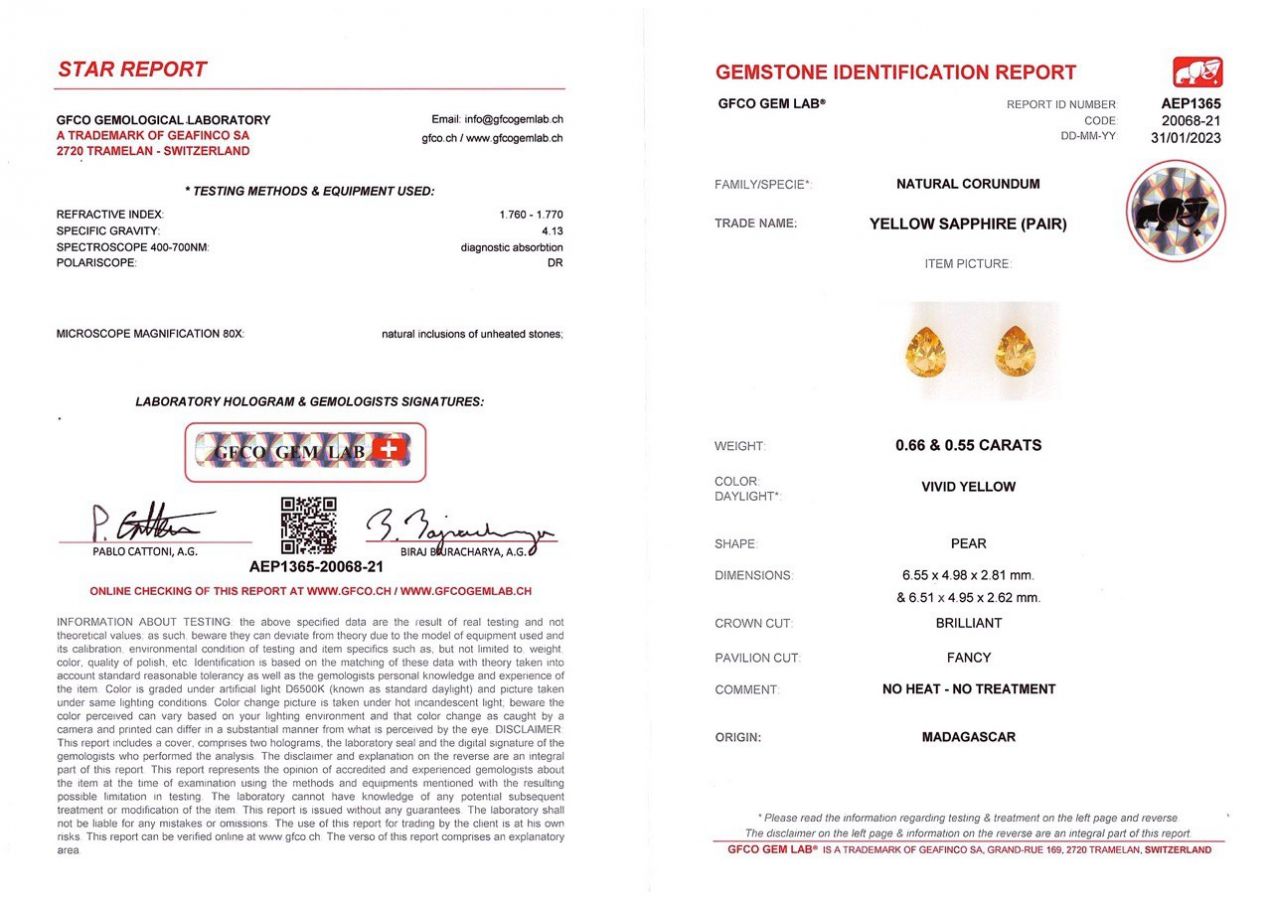 Сертификат Пара ярко-желтых негретых сапфиров 1,21 карат, Мадагаскар