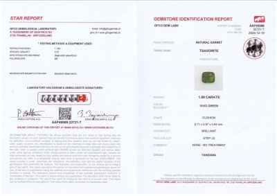 Сертификат Гранат цаворит Vivid Green в огранке кушон 1,58 карата, Танзания