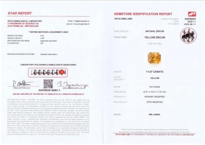 Сертификат Желтый циркон в огранке радиант 11,67 карат, Шри-Ланка