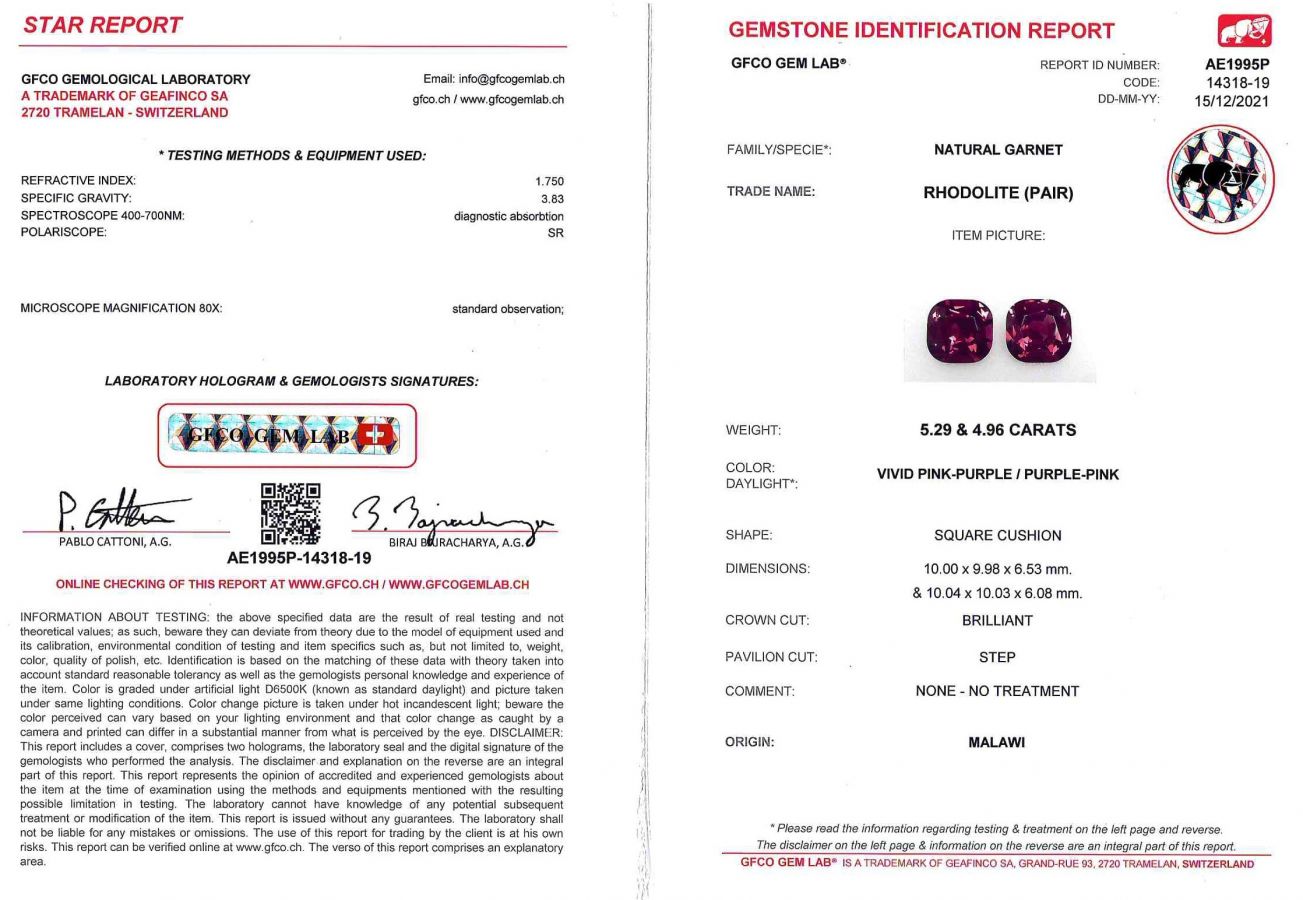 Сертификат Пара пурпурных родолитов в в огранке кушон 10,25 карат, Малави