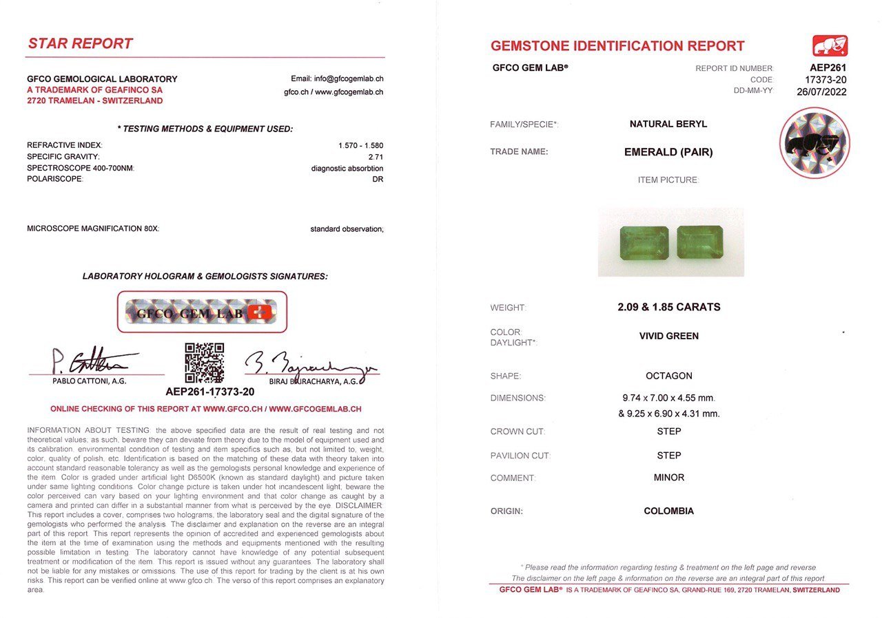 Пара изумрудов цвета Vivid Green 3,94 карата, Колумбия Изображение №5