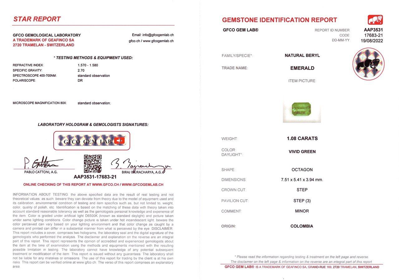 Сертификат Яркий насыщенный изумруд из Колумбии, 1,08 карат