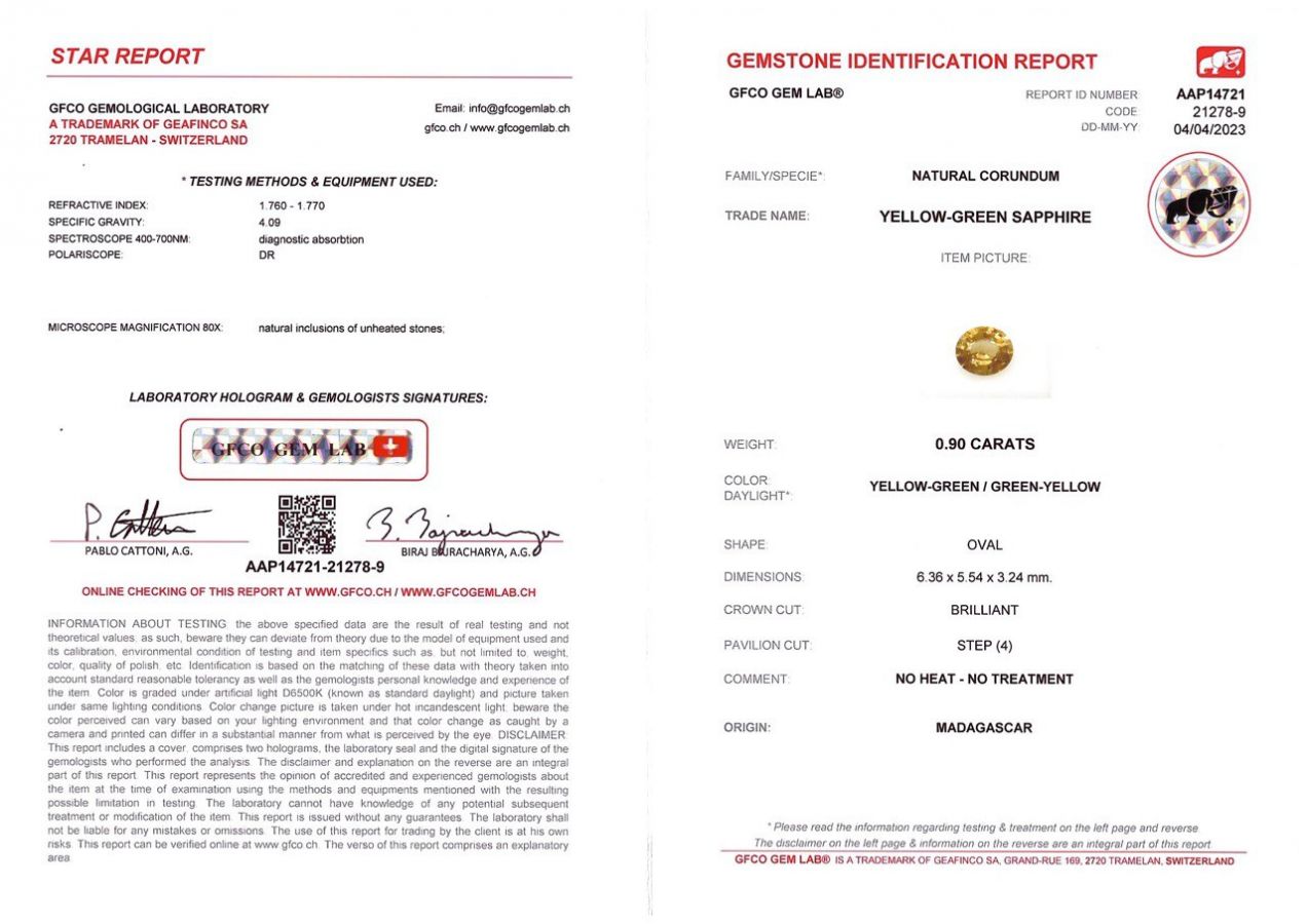 Сертификат Негретый желтый сапфир в огранке овал 0,90 карат, Мадагаскар