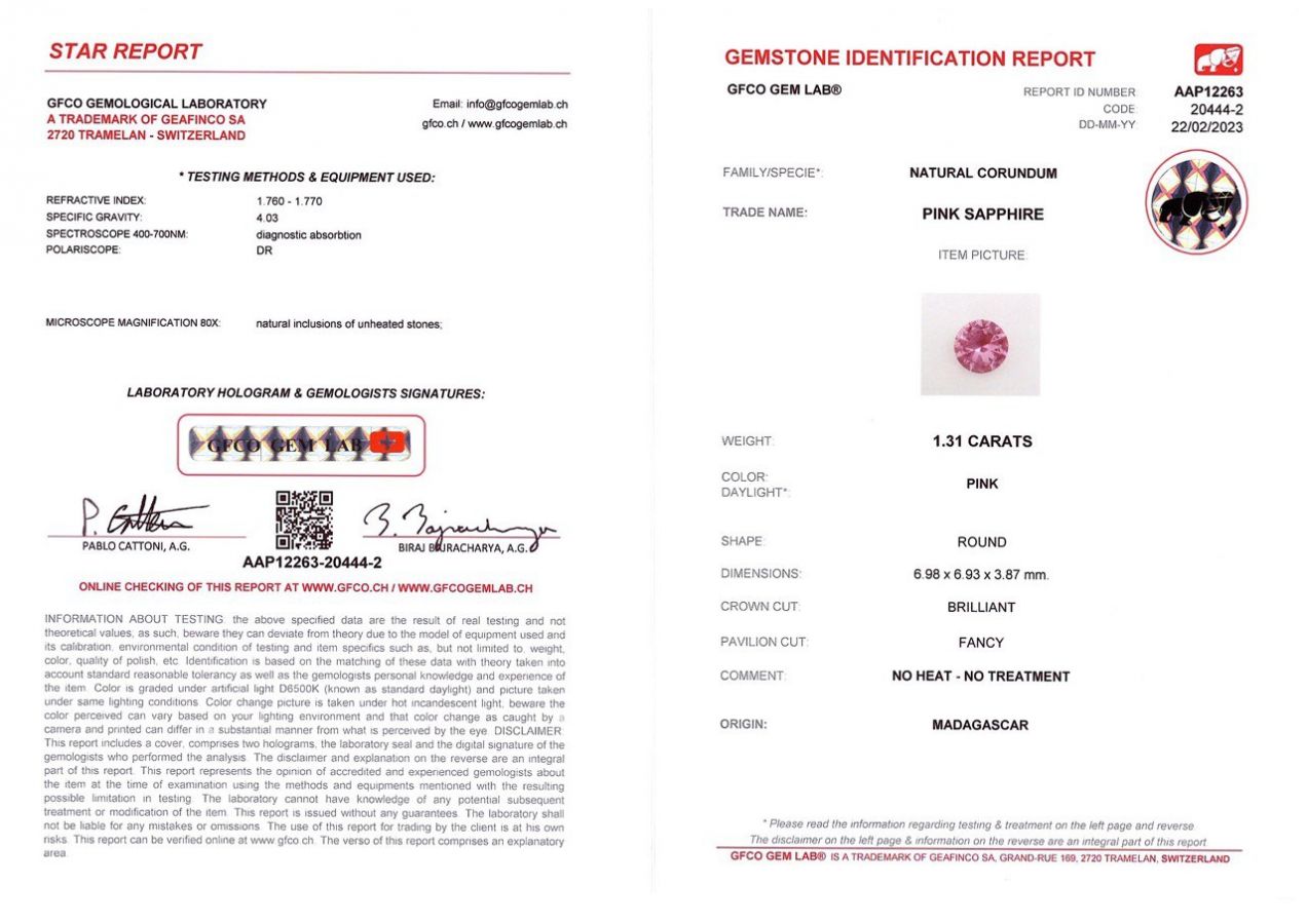 Сертификат Ярко-розовый негретый сапфир в огранке круг 1,31 карат, Мадагаскар