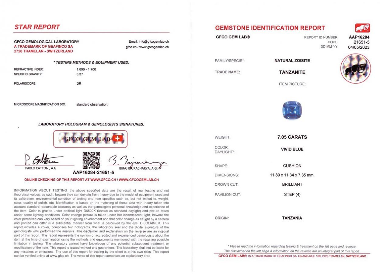 Сертификат Насыщенный танзанит цвета Royal blue в огранке кушон 7,05 карат