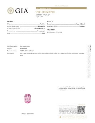 Сертификат Розовая шпинель в огранке кушон 5,00 карат, Таджикистан 