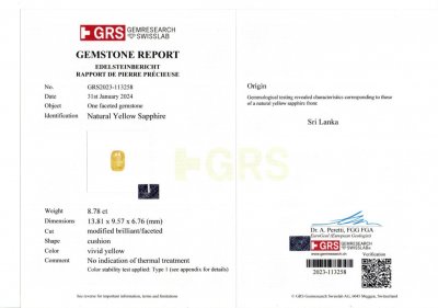Сертификат Необлагороженный ярко-желтый сапфир в огранке кушон 8,78 карата, Шри-Ланка