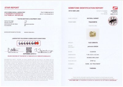 Сертификат Желтовато-зеленый гранат гроссуляр в огранке кушон 1,62 карата, Танзания