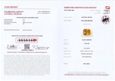 Сертификат Желто-коричневый циркон в огранке радиант 12,24 карат, Шри-Ланка