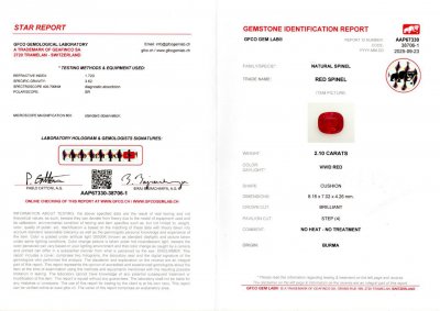 Сертификат Шпинель Vivid Red в огранке кушон 2,10 карат, Бирма