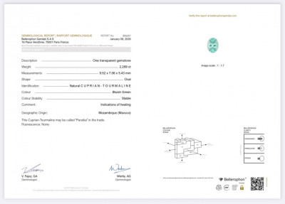 Сертификат Параиба Neon Green в огранке овал 2,28 карат, Мозамбик
