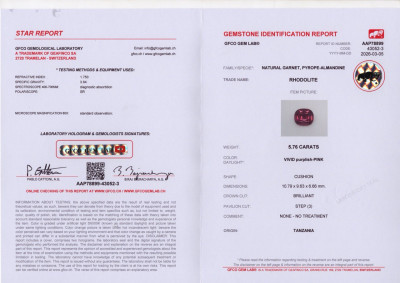 Сертификат Гранат родолит в огранке кушон 5,76 карат, Танзания