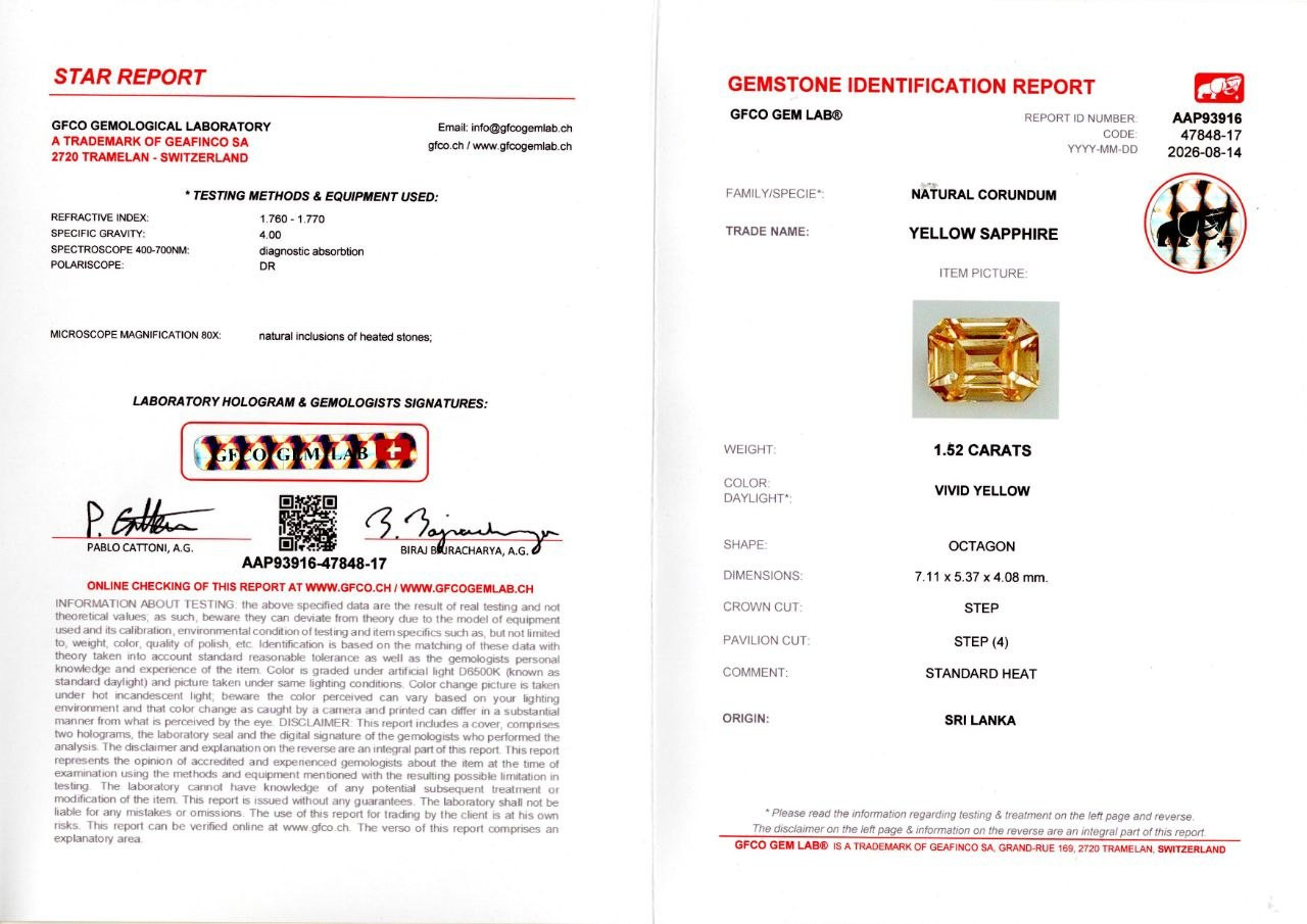 Ярко-желтый сапфир в огранке октагон 1,52 карат, Шри-Ланка Изображение №6