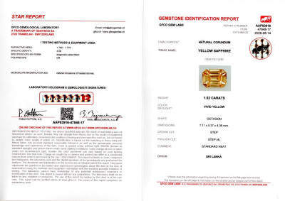 Сертификат Ярко-желтый сапфир в огранке октагон 1,52 карат, Шри-Ланка
