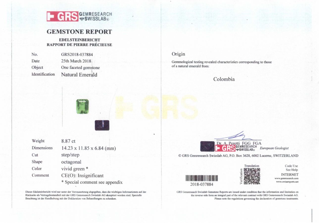 Сертификат Уникальный колумбийский изумруд 8,87 карат без масла, Музо (GRS)