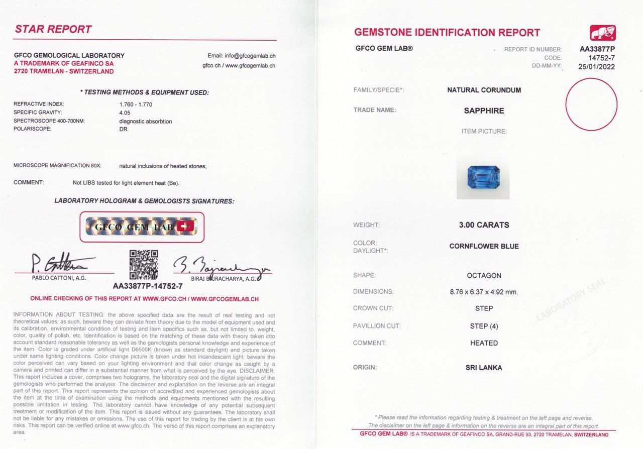 Сертификат Сапфир цвета Cornflower в огранке октагон 3,00 карата, Шри-Ланка, GFCO
