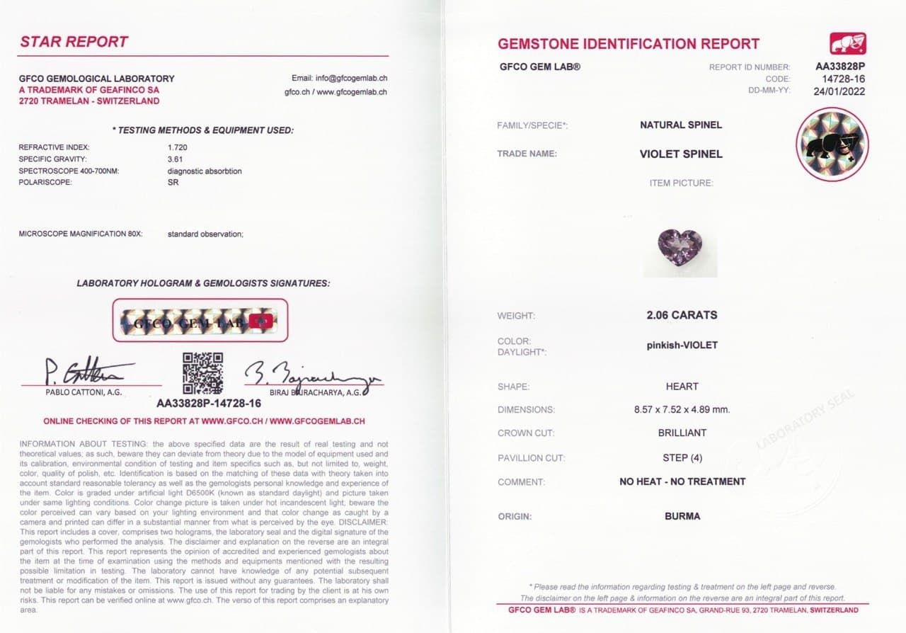 Сертификат Пурпурная шпинель в огранке сердце 2,06 карата, Бирма