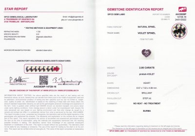 Сертификат Пурпурная шпинель в огранке сердце 2,06 карата, Бирма