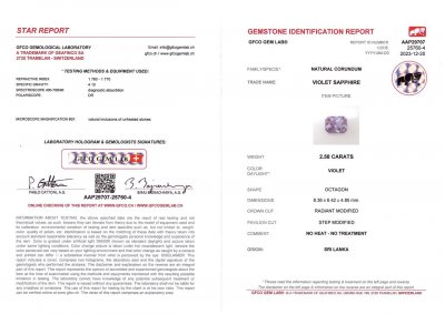 Сертификат Яркий негретый фиолетовый сапфир в огранке радиант 2,58 карат, Шри-Ланка